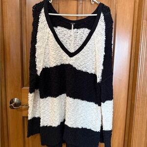 Free People Black & White Striped V-Neck Sweater